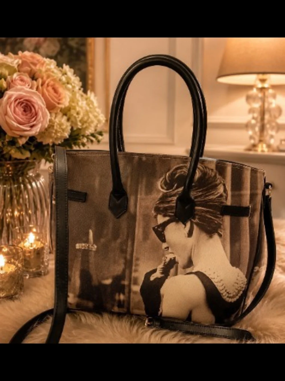Vtg. Bagghy Leather-Trim Printed Audrey Hepburn Tote